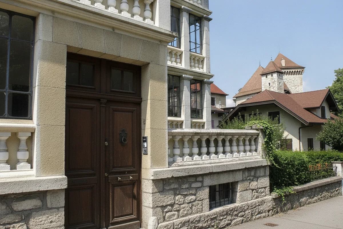 Porte d’entrée en bois massif d’un immeuble savoyard en pierre, tour du château d’Annecy en arrière-plan