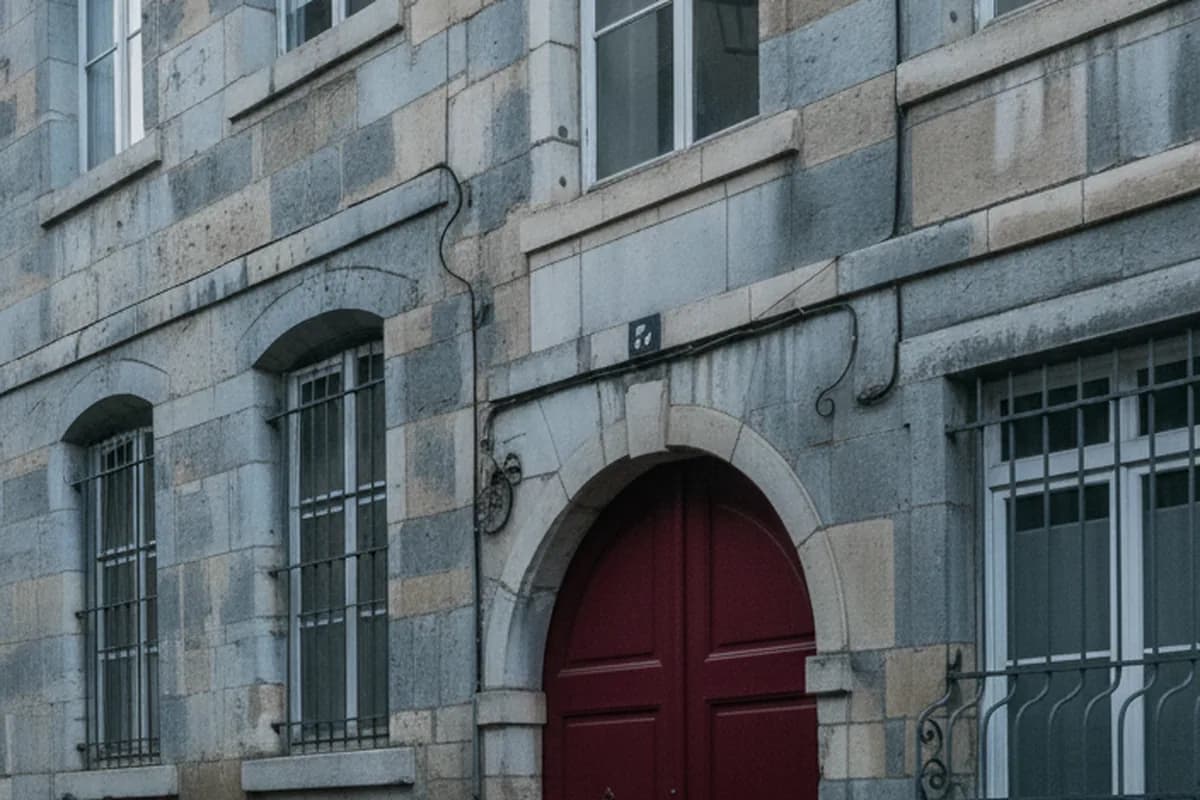 Porte cochère en bois peint bordeaux d’un hôtel particulier bisontin en pierre calcaire gris-bleu, arc appareillé et grilles en fer forgé au rez-de-chaussée