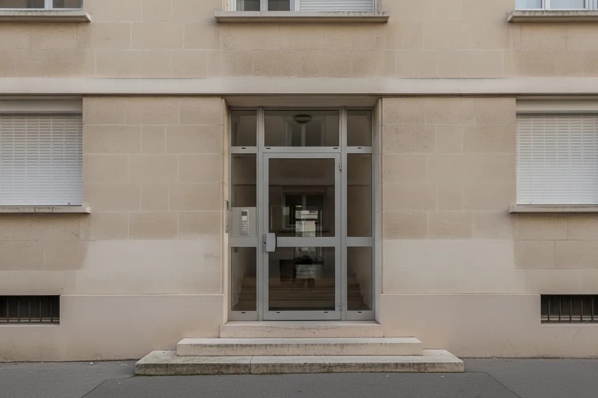 Porte d’entrée vitrée sur cadre aluminium gris d’un immeuble caennais en pierre de Caen, platine d’interphone encastrée et emmarchement en calcaire clair