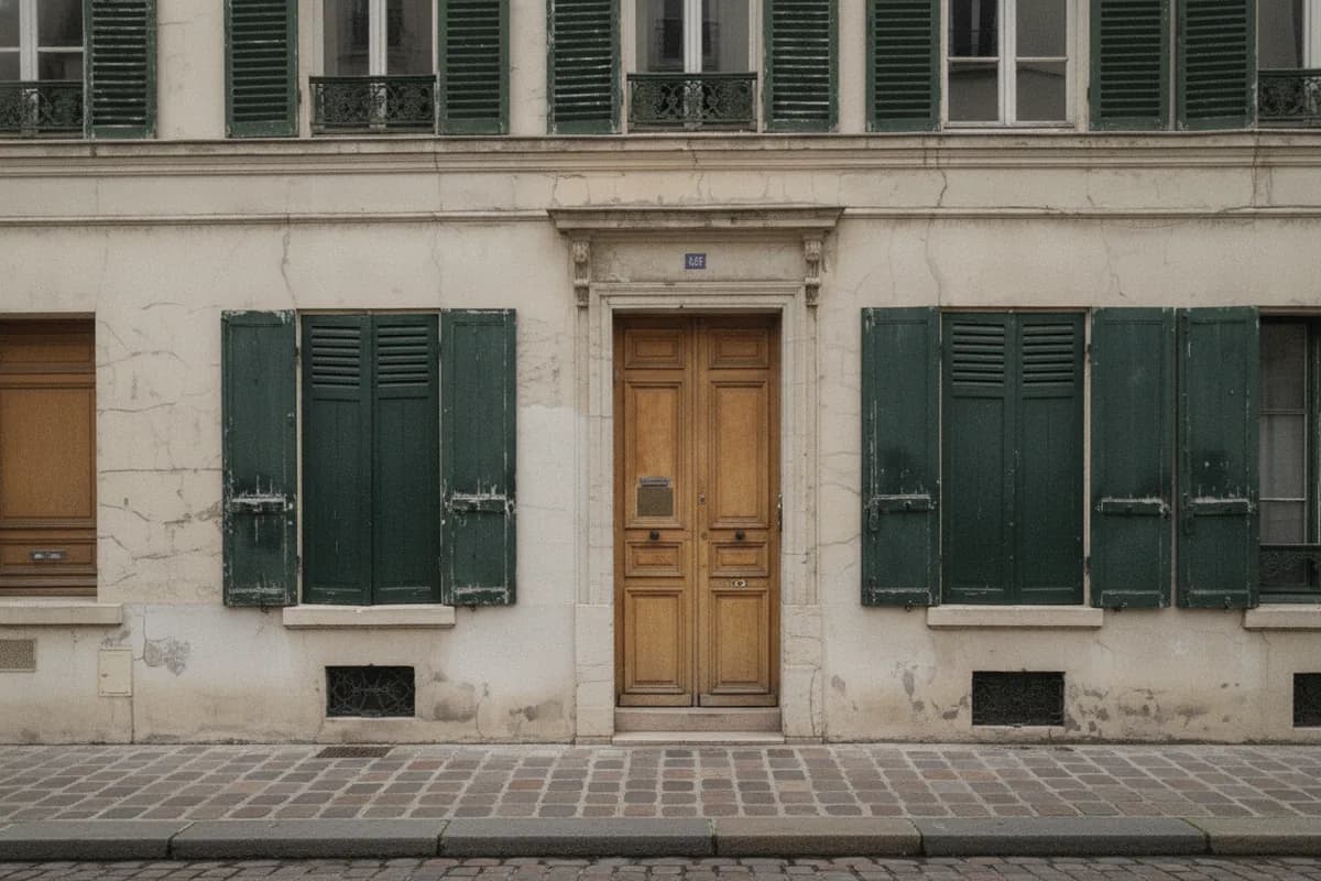 Porte d’entrée en bois à deux battants d’une maison de faubourg du Bas-Montreuil, volets bois vert foncé et façade en enduit clair fissuré au-dessus d’un trottoir pavé