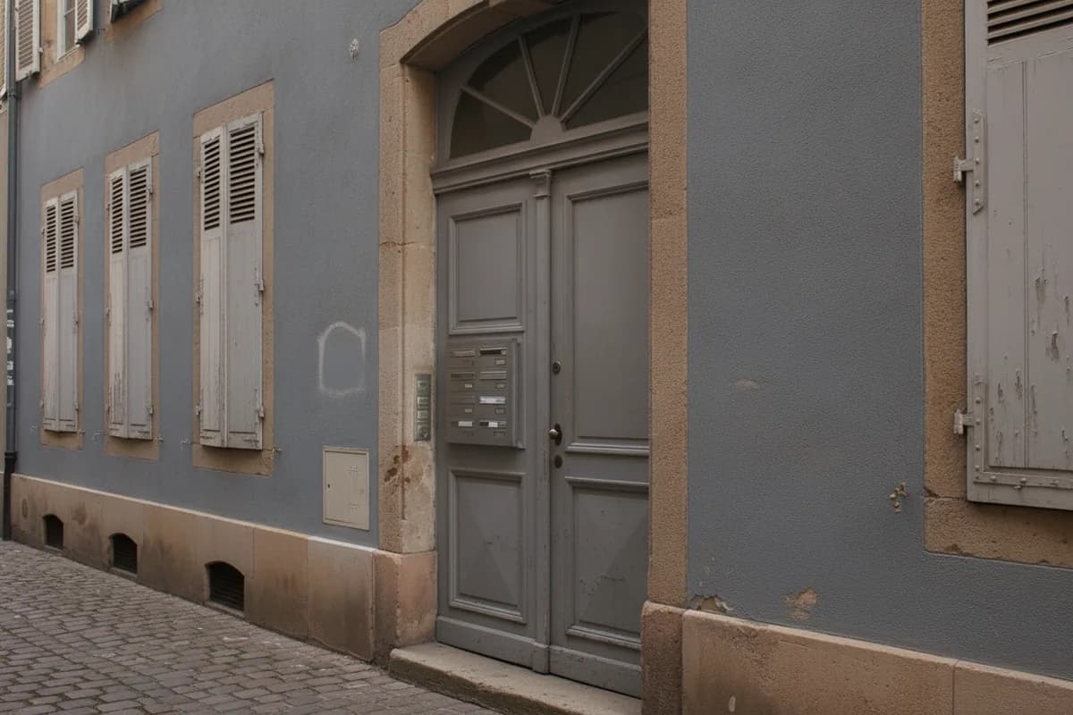 Porte d’entrée en bois peint gris à deux battants avec imposte en éventail dans une ruelle de Mulhouse, platine de boîtes aux lettres encastrée et encadrement en grès