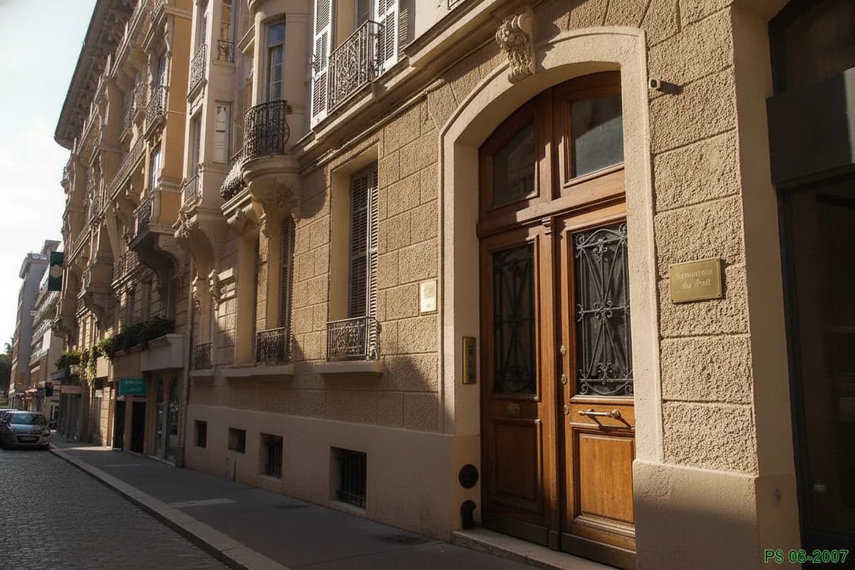 Immeubles de rapport niçois du quartier Carabacel, façades ocre et porte d’entrée sur rue