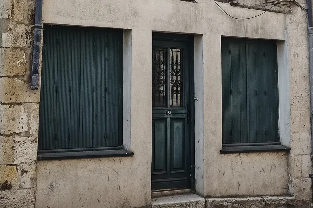 Porte d’entrée en bois sombre à grille de défense dans une façade à pans de bois du quartier Bourgogne à Orléans, encadrement de pierre calcaire et volets bois