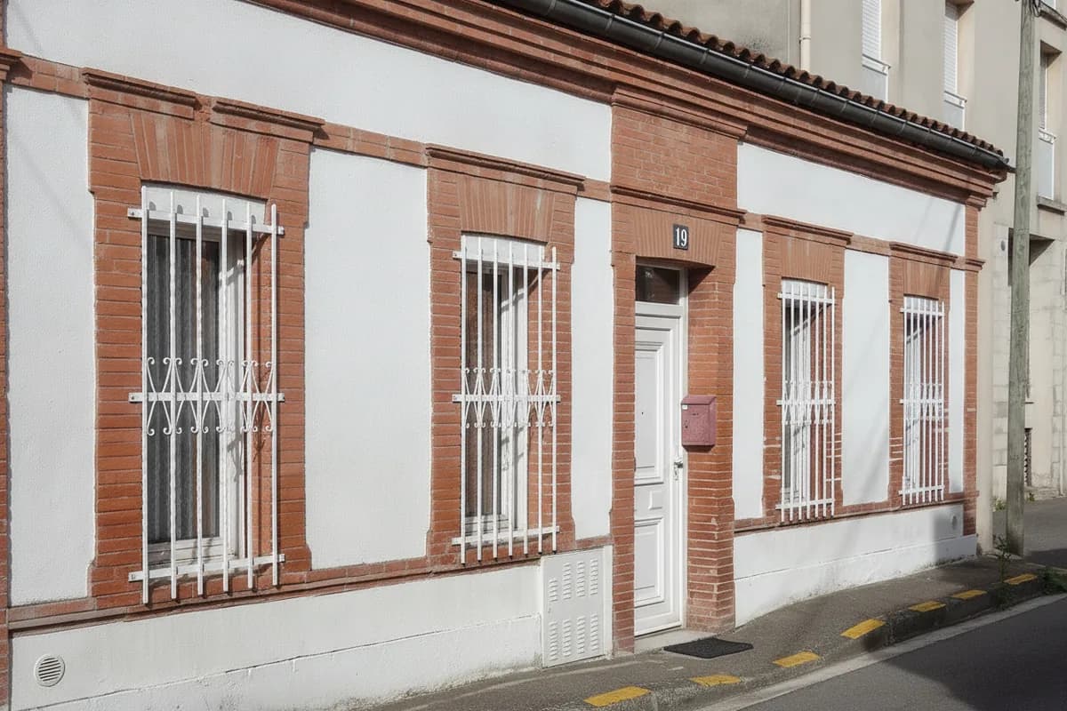 Façade de maison toulousaine en brique foraine, porte d’entrée en bois ouvrant directement sur la rue