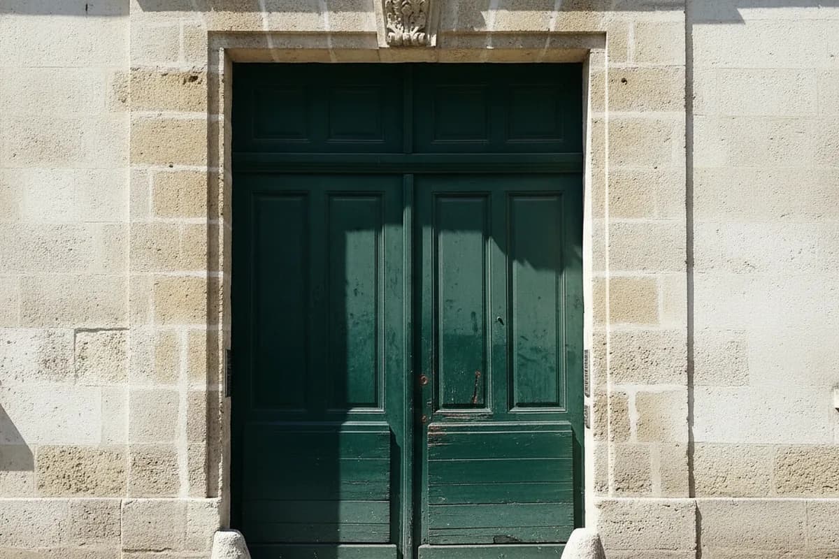 Porte cochère à deux vantaux peints en vert dans son encadrement de tuffeau, centre ancien de Tours