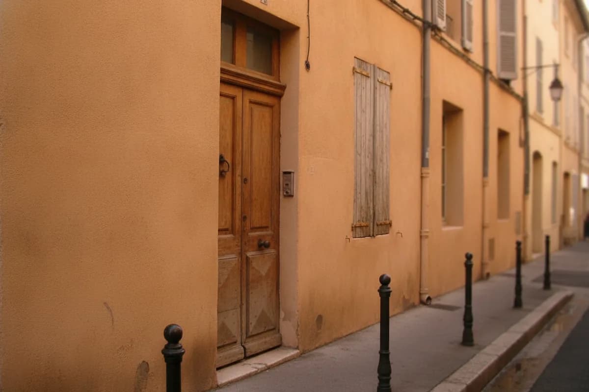 Façade ocre à volets bois et sa porte d’entrée à deux vantaux, centre ancien d’Aix-en-Provence Façade ocre à volets bois et sa porte d’entrée à deux vantaux, centre ancien d’Aix-en-Provence