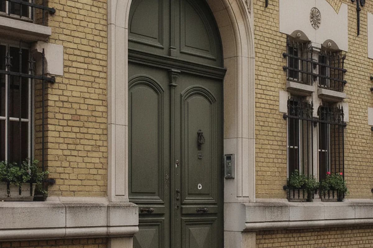 Porte d’entrée en bois à deux vantaux dans une façade de brique à chaînage de pierre, faubourg d’Amiens Porte d’entrée en bois à deux vantaux dans une façade de brique à chaînage de pierre, faubourg d’Amiens