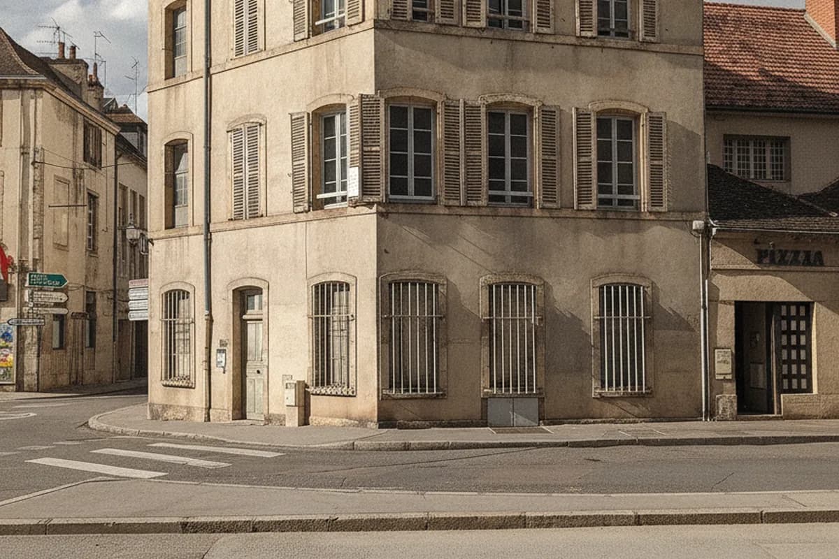 Immeuble dijonnais en pierre de Bourgogne et sa porte d’entrée sur rue, centre de Dijon Immeuble dijonnais en pierre de Bourgogne et sa porte d’entrée sur rue, centre de Dijon